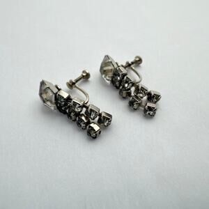 Vintage 30s Art Deco Rhinestone Earrings Silver Tone Screw Back Cascade